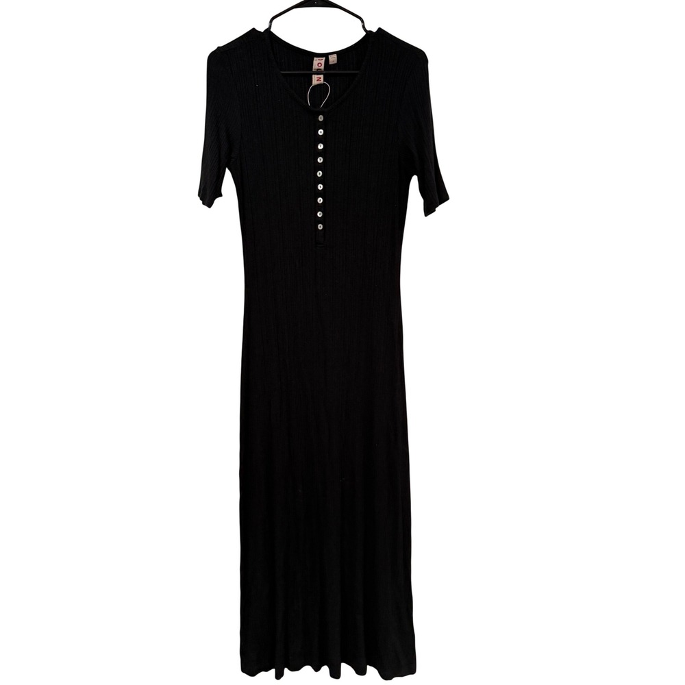 Dolan Left Coast Ribbed Henley Maxi Dress Black Short Sleeve Knit Womens XS